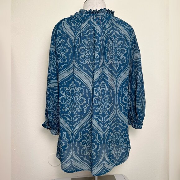 JOE FRESH Turquoise Blue Patterned Sheer 3/4 Sleeve Blouse Size Large - Picture 6 of 9